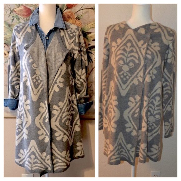 Sz L Anthropologie Hannah Grey Damask Open Cardigan Sweater - Picture 1 of 14